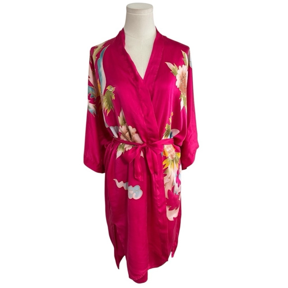 100% Silk Robe & Slip Dress Pink Bird Floral Luxury Shusimai Japan Silky S M Set